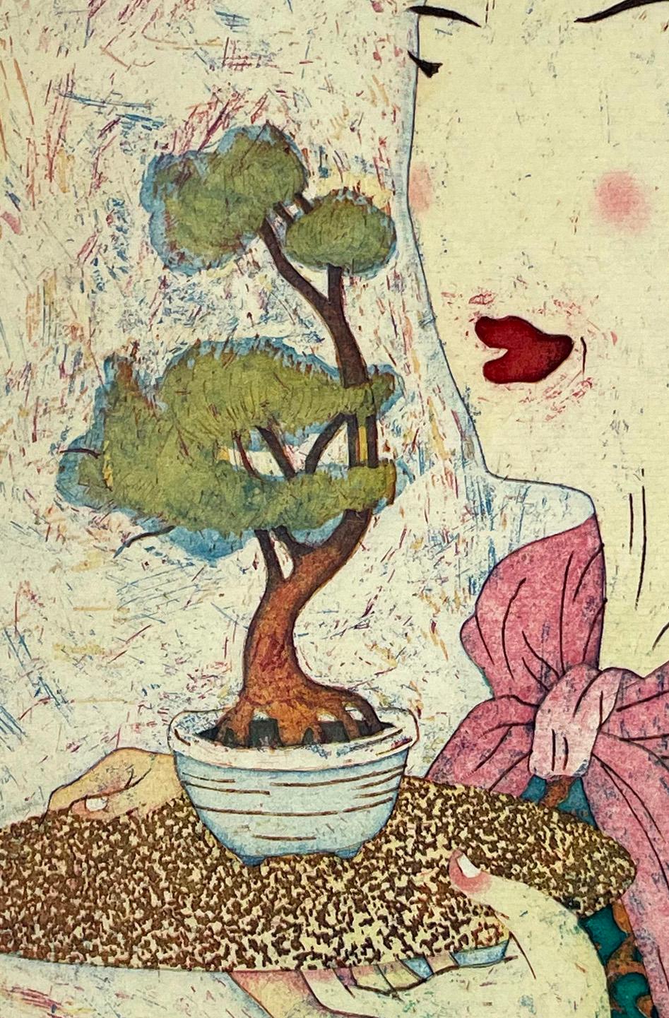 ritratto di una giovane donna che ammira il suo piccolo bonsai. Stampa calcografica con Chine Colle firmata, titolata e numerata dall'artista

Sebbene le immagini abbiano una certa somiglianza con le tradizionali stampe giapponesi Ukiyo-e, il loro