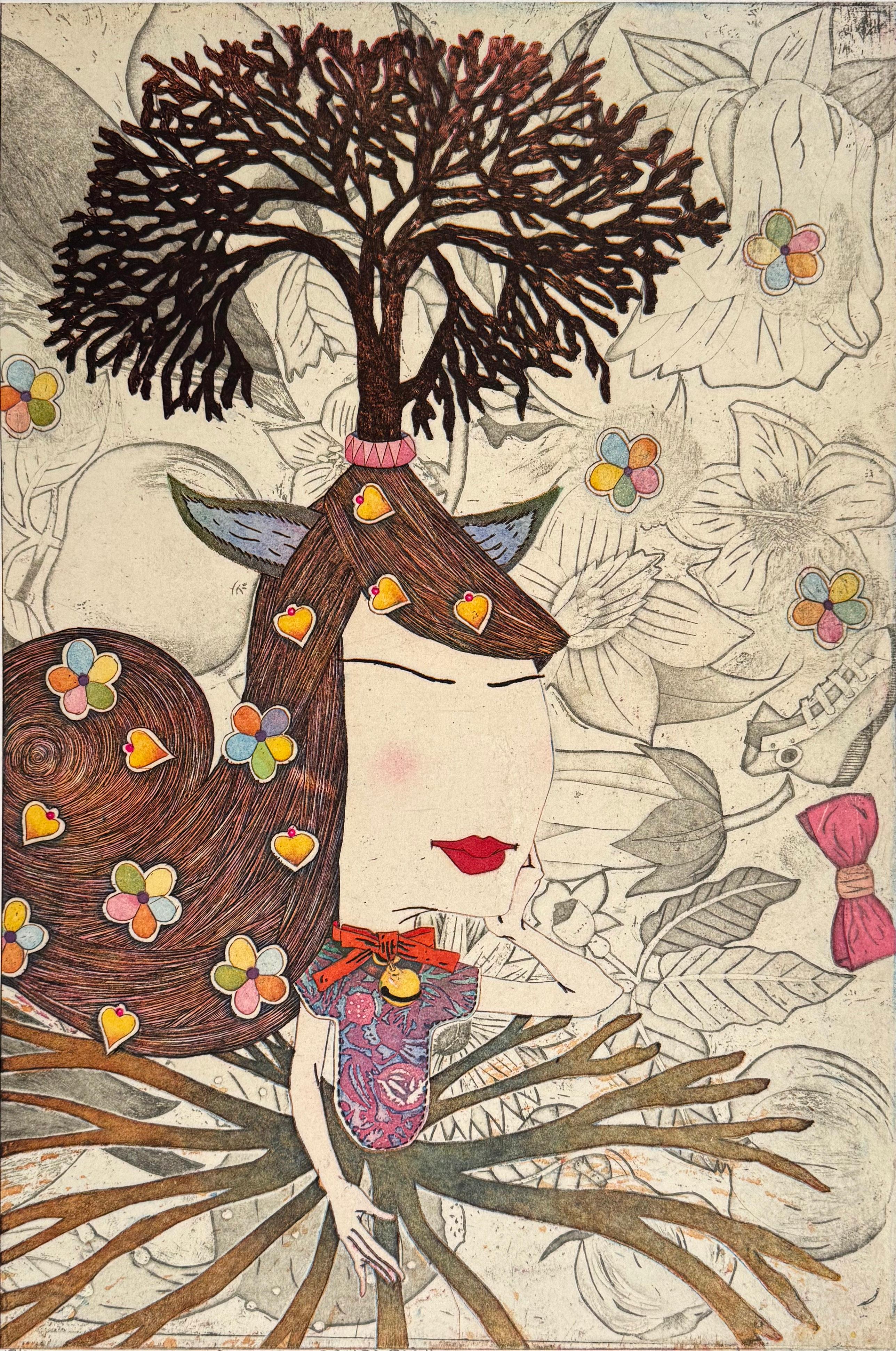Una joven decorada con una Araucaria Pajarita,  un árbol conocido por su forma única y su resistencia al invierno.  Firmado, titulado y numerado por el artista.

Aunque las imágenes tienen cierto parecido con los grabados tradicionales japoneses
