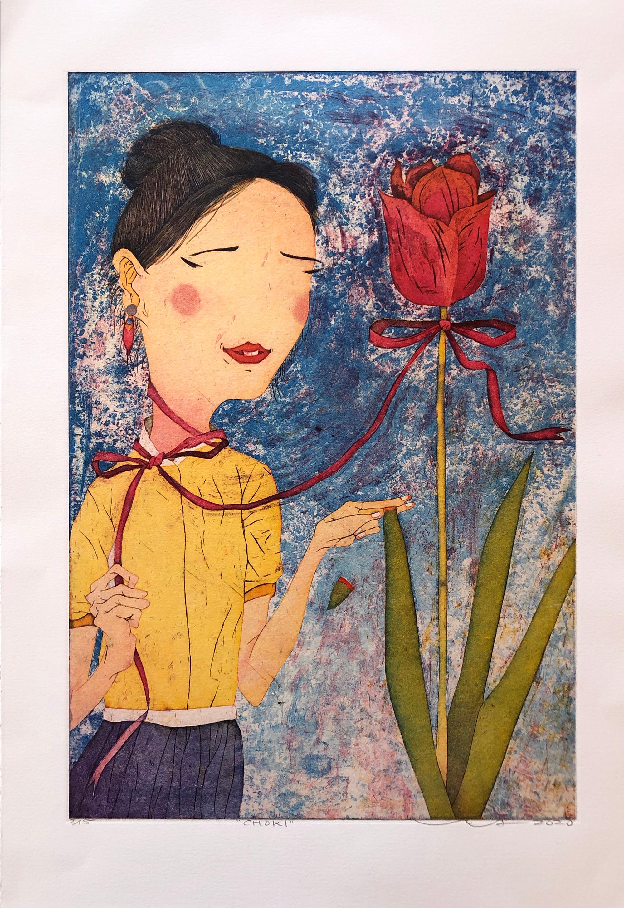 Firmato e numerato dall'edizione di 10 esemplari. Una ragazza che usa le dita come forbici per tagliare le foglie di un fiore rosso (tulipano?).

Yuji Hiratsuka è nato nel 1954 a Osaka, in Giappone. Nel 1985 si è trasferito negli Stati Uniti per