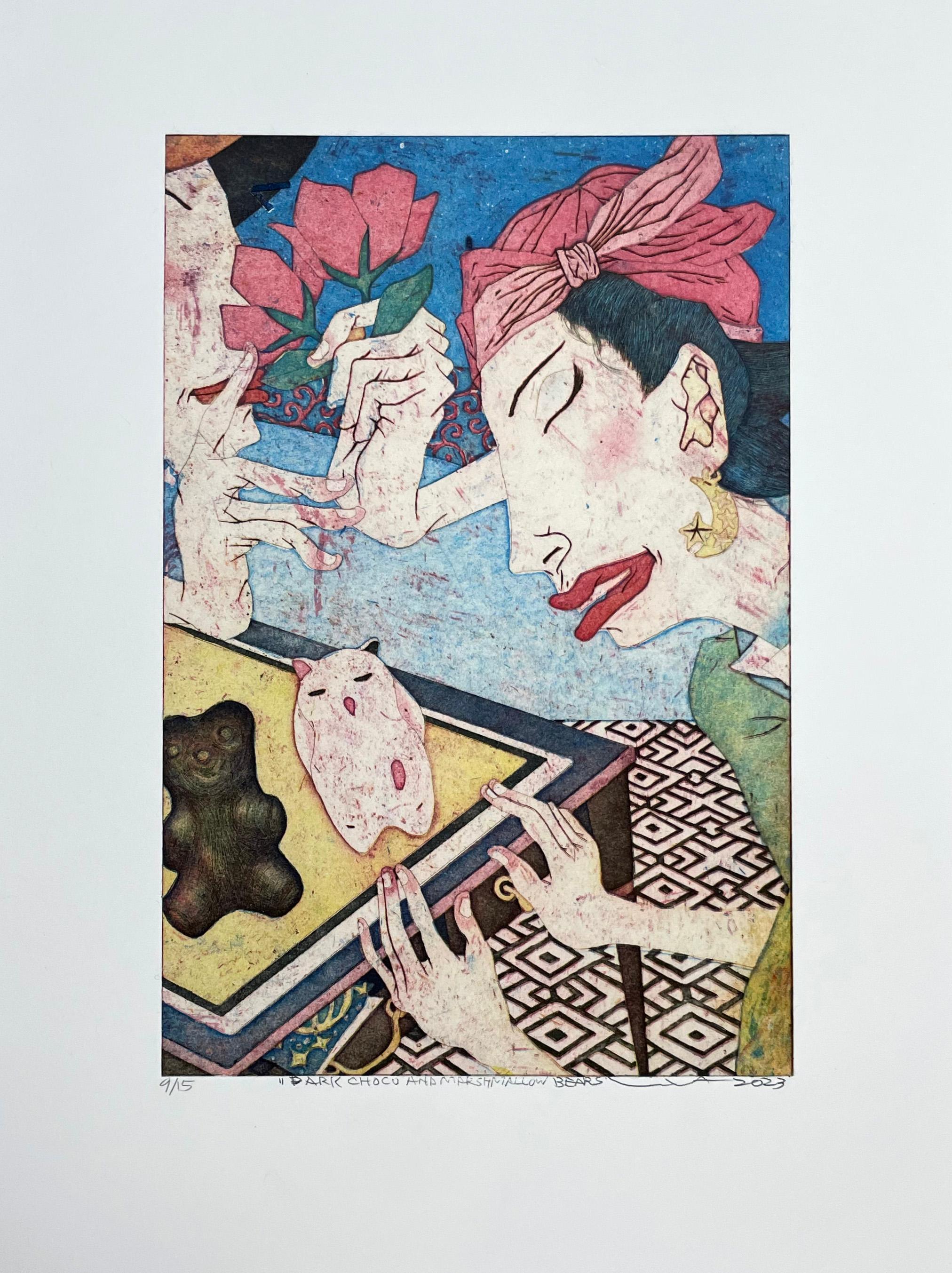 Medium: Intaglio and Chine Colle
Year: 2023
Image Size: 10.5 x 7 inches
Edition of 15

Signed, titled and numbered by the artist. A young woman with chocolate and marshmallow figures. While the images have some resemblance to traditional Japanese