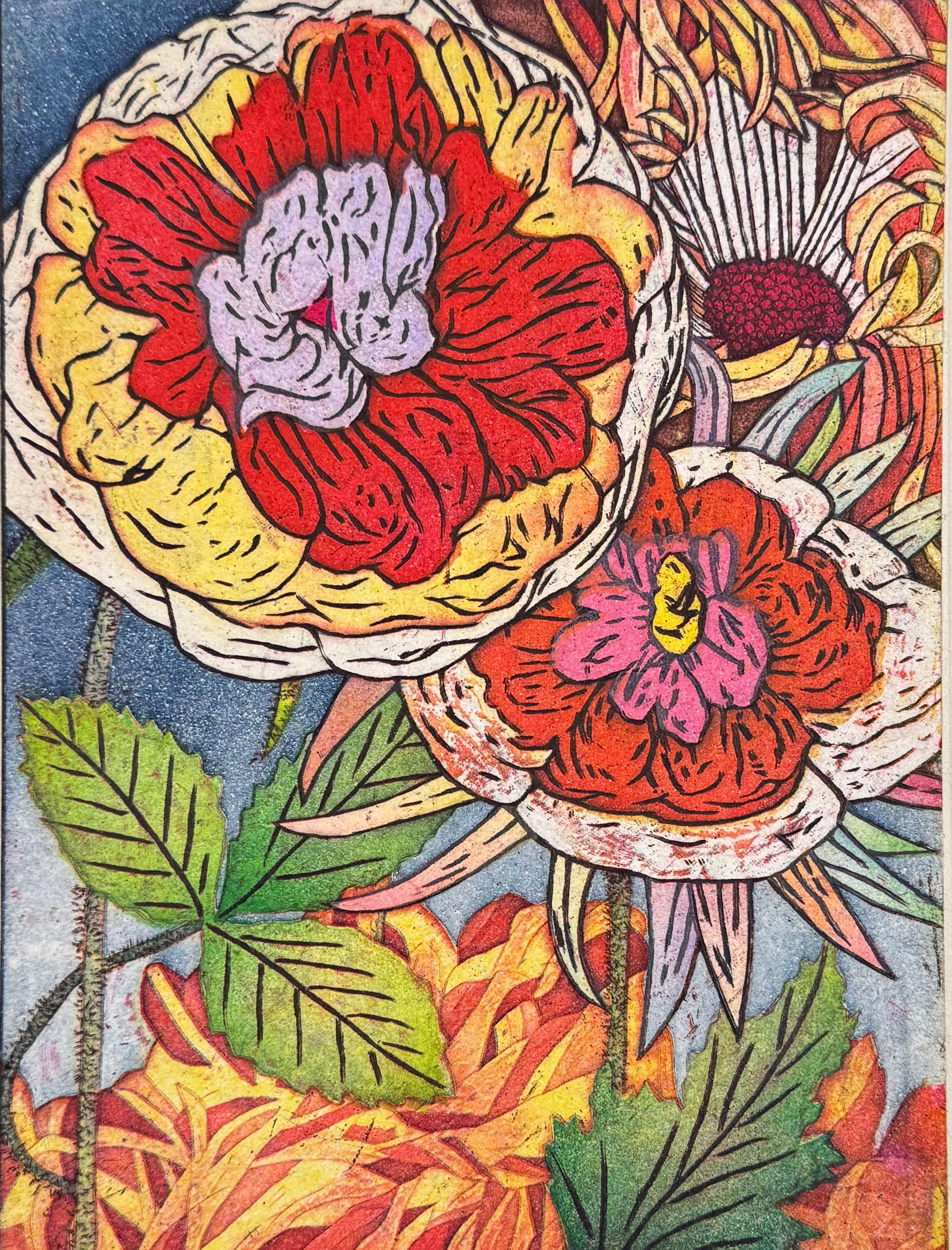 Signed, titled, and numbered by the artist. Extravagant multi-colored blossoms fill the image in this etching by Yuju Hiratsuka.  While Hiratsuka's images have some resemblance to traditional Japanese Ukiyo-e prints, their sense of whimsy, satire