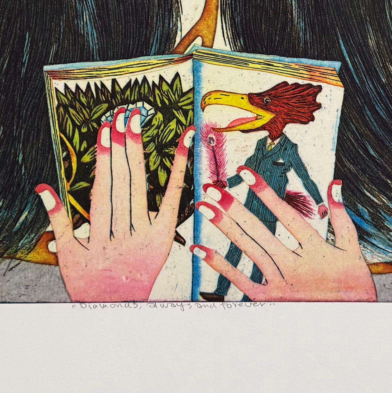 This imaginative etching by Yuji Hiratsuka features two mirrored female figures rendered in his signature blend of contemporary stylization and traditional Japanese visual language. Each figure holds an illustrated book, while symbolic motifs—a