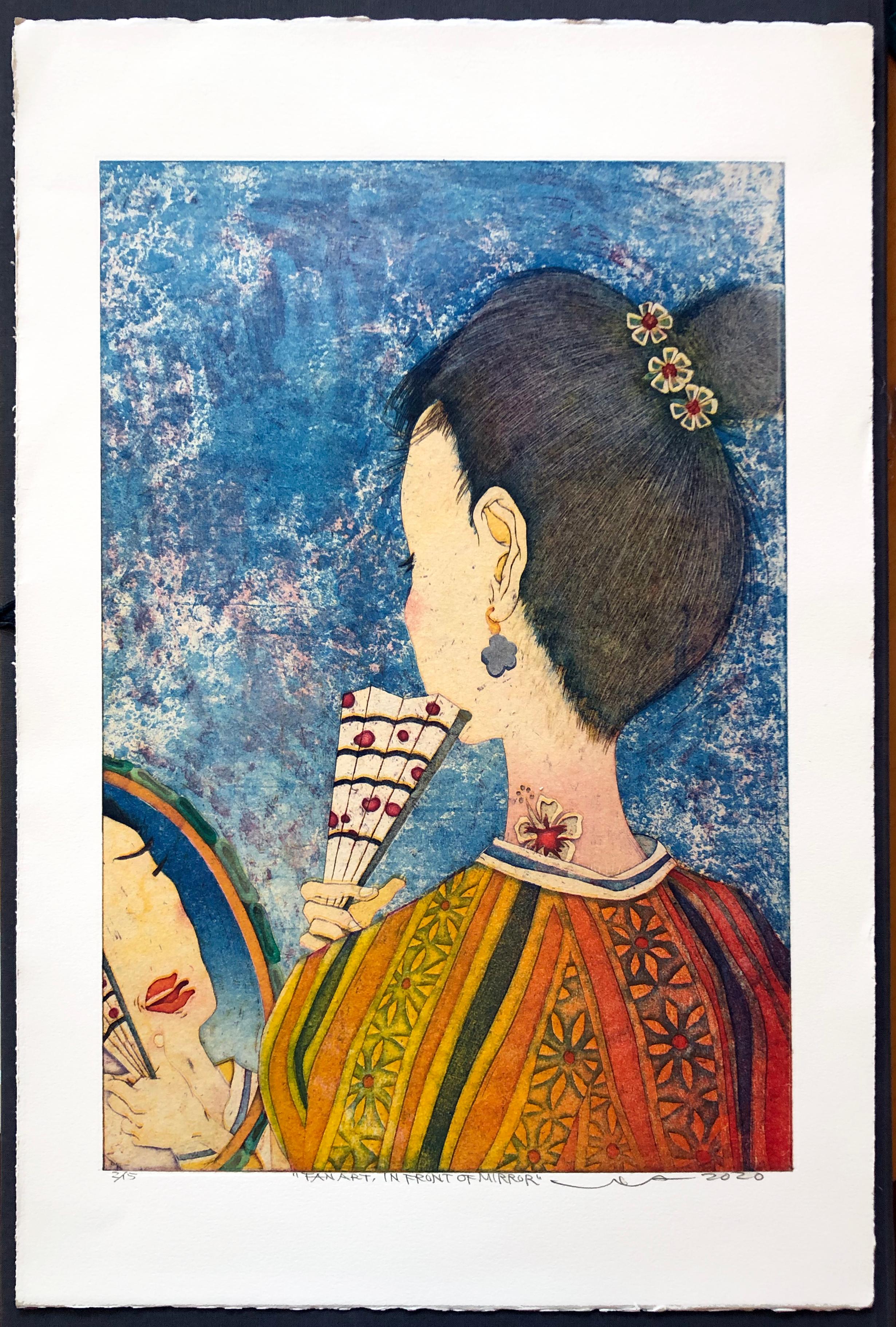 Medium: Intaglio and Chine Colle
Year: 2020
Image Size: 18 x 12 inches
Edition of 15

Signed, titled and numbered by the artist. A young woman with traditional Japanese fan in front of mirror. While the images have some resemblance to traditional