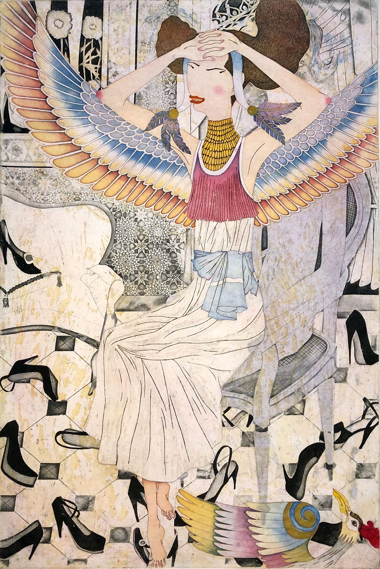 Imagen de un ángel etéreo descalzo rodeado de zapatos. Prueba de artista firmada y titulada, de la edición de 10. Aunque las imágenes tienen cierto parecido con los grabados tradicionales japoneses Ukiyo-e, su sentido del capricho, la sátira y la