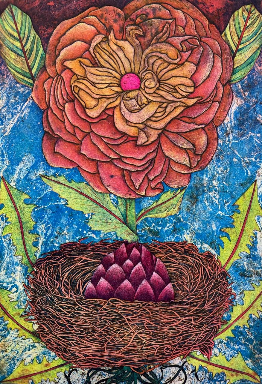 Medium: Intaglio and Chine Colle
Year: 2025
Image Size: 16" H x 11" W
Edition of 10

Yuji Hiratsuka’s Fertile Nest shows a radiant blossom rising above a woven nest cradling a budding form, evoking renewal and creative potential. Hiratsuka’s