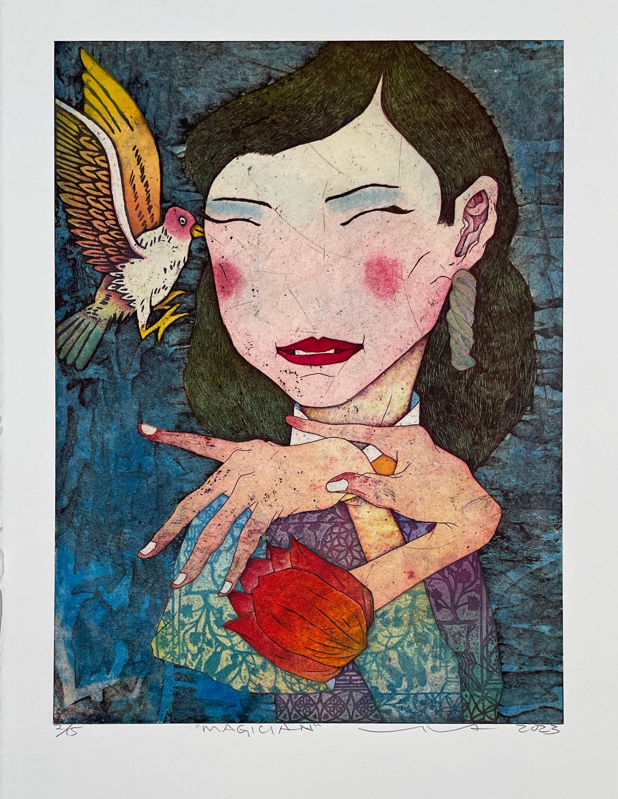 Signed and numbered from the edition of 15. Printed on Chine colle. Image of a young woman with her hands poised to make magic, with a large flower before her, and a bird whispering in her ear. While the images have some resemblance to traditional