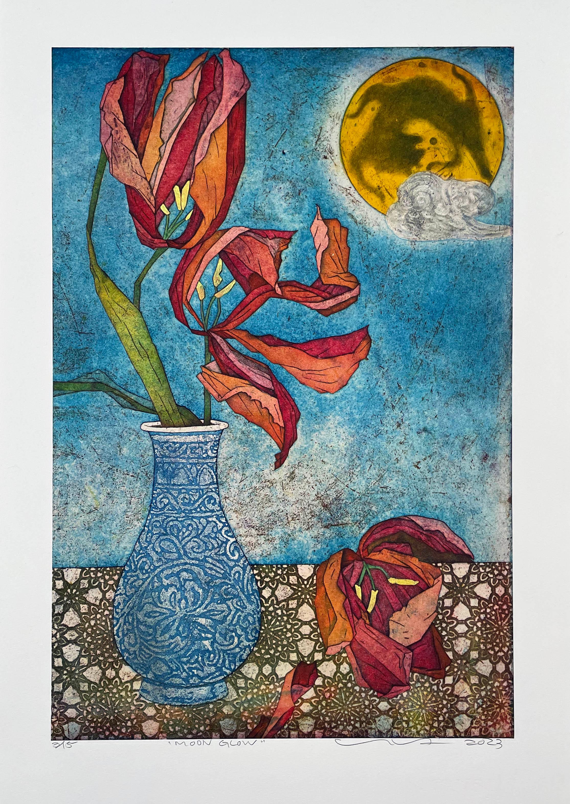 Signed, titled, and numbered from the edition of 15. Japanese still life with vase and flowers on a table, with a large glowing orange moon in the background. While the images have some resemblance to traditional Japanese Ukiyo-e prints, their sense