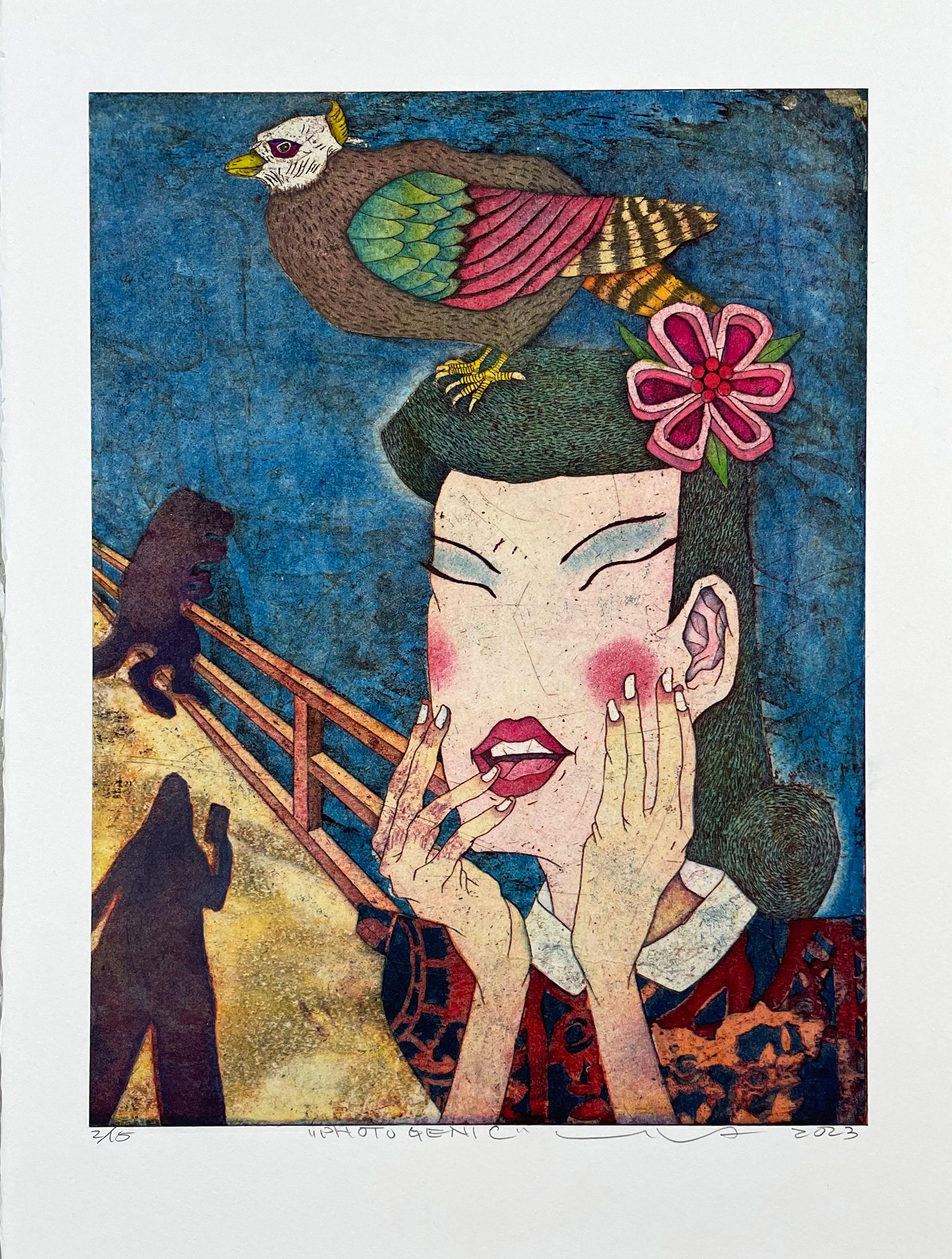 Signed, titled, and numbered from the edition of 15. Image of a young girl with a bird perched on her head while someone takes her photo. While the images have some resemblance to traditional Japanese Ukiyo-e prints, their sense of whimsy, satire