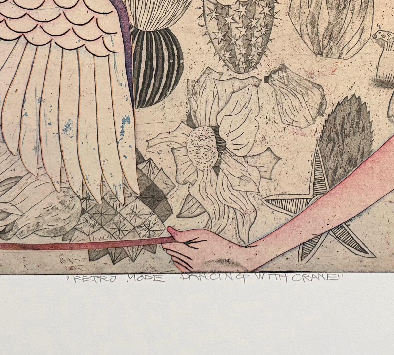 Retro Mode Dancing With Crane - Beige Still-Life Print by Yuji Hiratsuka