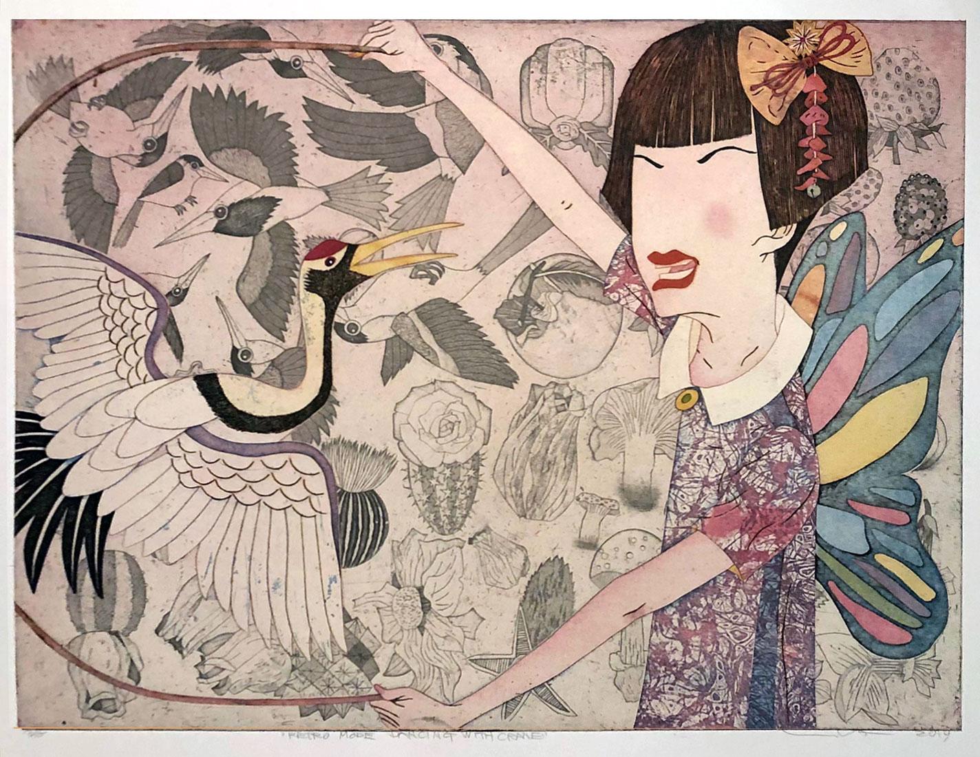 Yuji Hiratsuka Still-Life Print - Retro Mode Dancing With Crane