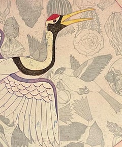 Retro Mode Dancing with Crane — Stylized Female Figure with Crane and Butterfly