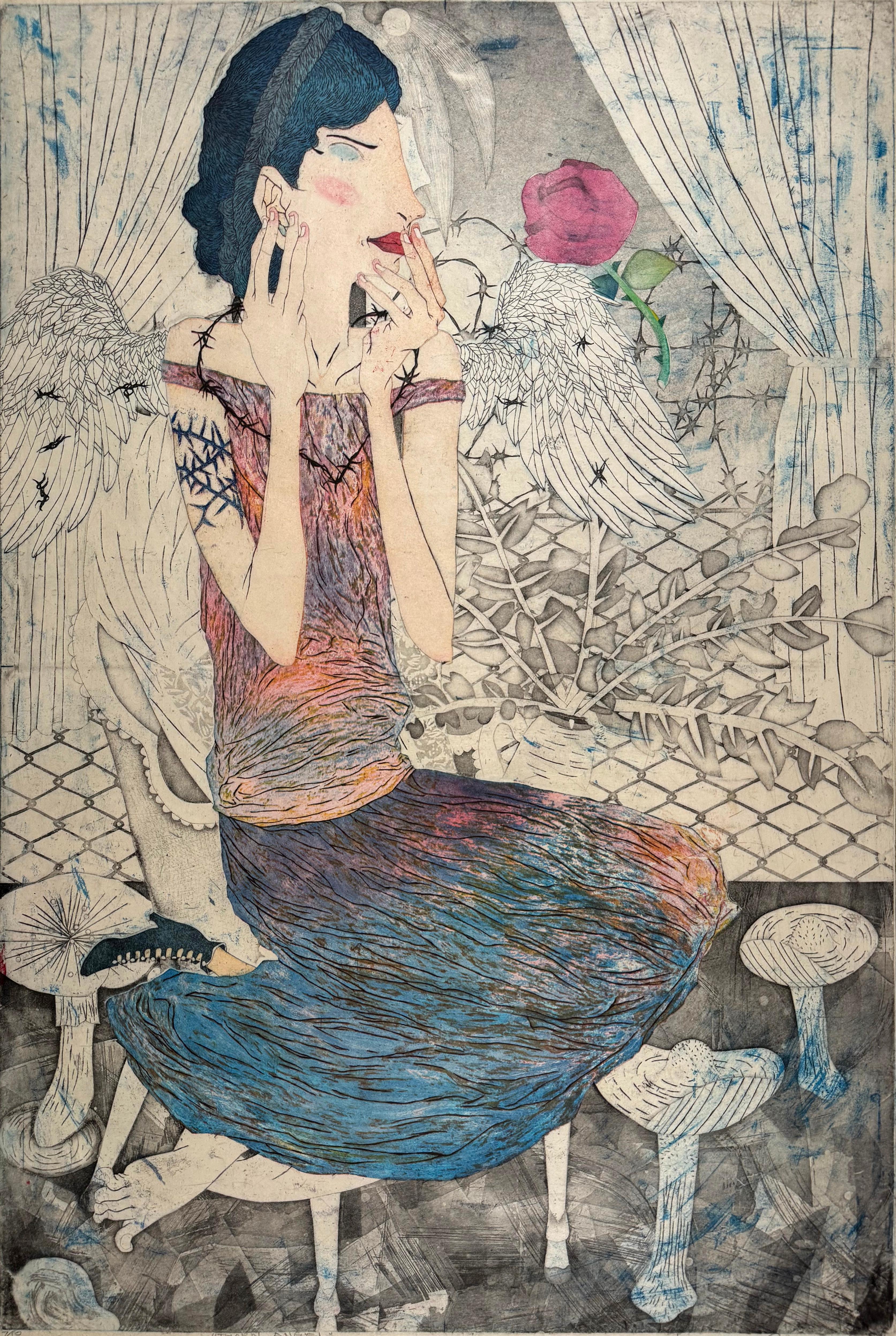 A young female angel contemplating thorny rose.Signed, titled and numbered from the edition of 10. While the images have some resemblance to traditional Japanese Ukiyo-e prints, their sense of whimsy, satire and irony relate more closely to