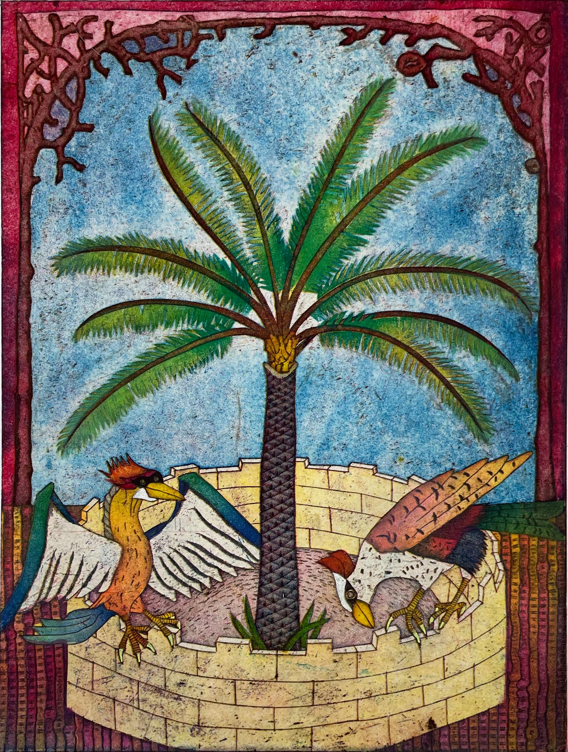 Signed and numbered from the edition of 15. Printed on Chine colle. Image of two happy birds finding a meal under a palm tree. 

Yuji Hiratsuka was born 1954 in Osaka, Japan. In 1985 he moved to the United States to pursue graduate degrees in