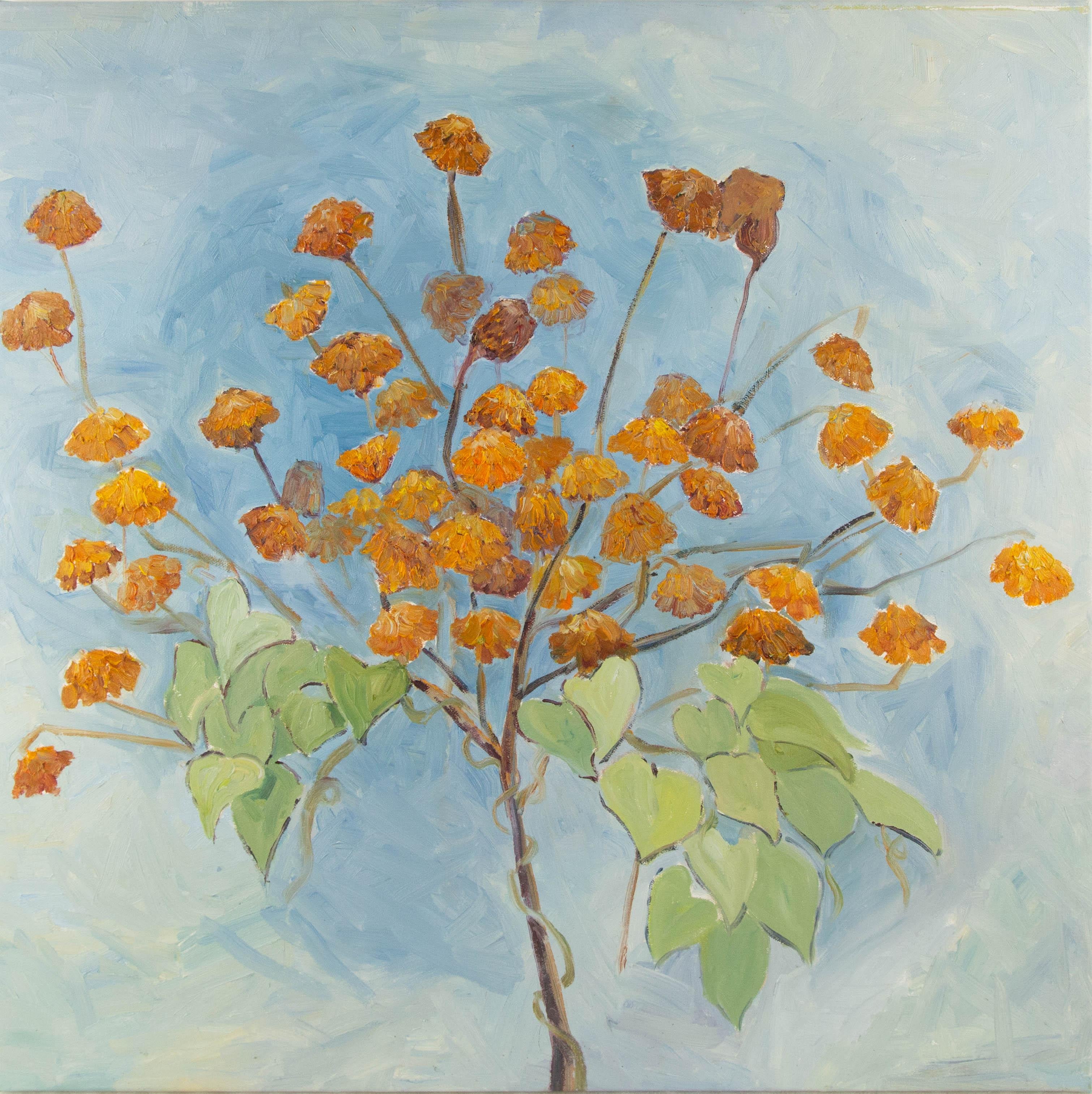  Title: Yellow Blossoms
 Medium: Oil on canvas
 Size: 30.5 x 30.5 inches
 Frame: Framing options available!
 Condition: The painting appears to be in fair condition.
 
 Year: 2000 Circa
 Artist: Yujun Tan
 Signature: Signed
 Signature Location: Top