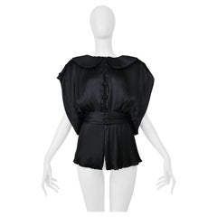 Yuki Black Satin Pleated Blouse With Sash