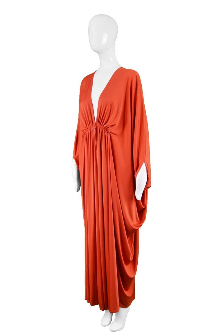 Yuki Vintage Draped Orange Jersey Art Deco Maxi Kaftan Dress, 1970s at ...