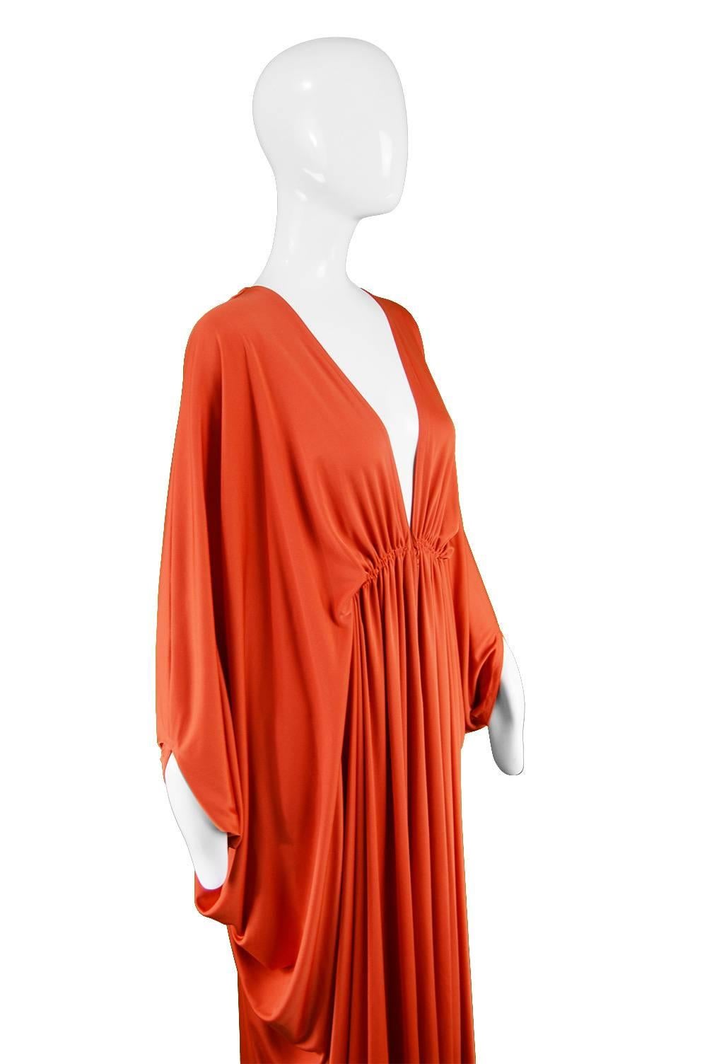 Red Yuki Vintage  Draped Orange Jersey Art Deco Maxi Kaftan Dress, 1970s