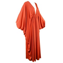 Yuki Vintage Draped Orange Jersey Art Deco Maxi Kaftan Dress, 1970s