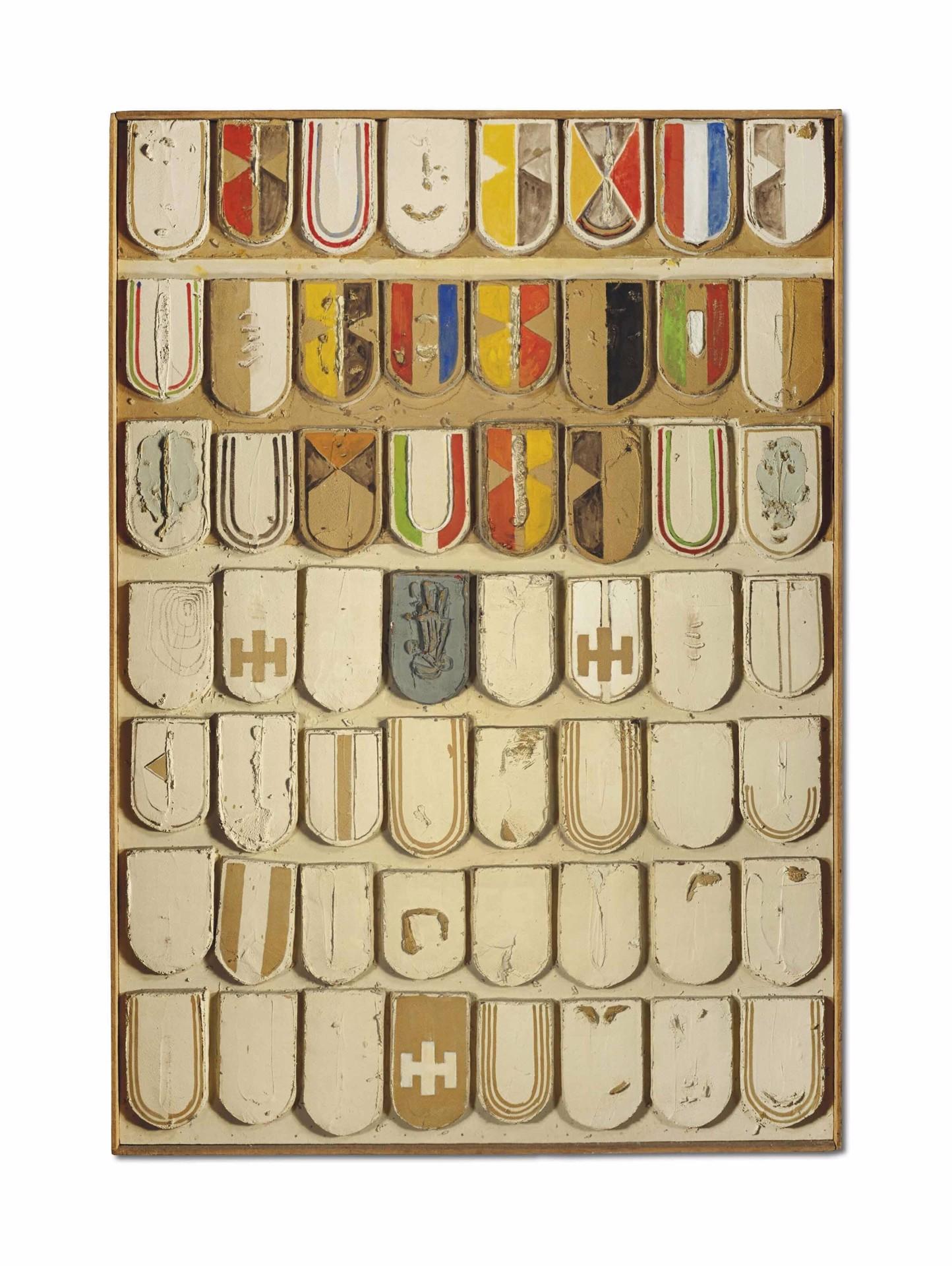 Yukihisa Isobe
Arbeit 62-21
1962

Öl auf Holzplatte
182 × 128 cm (71 ⅝ × 50 ⅜ in)

Das 1962 gemalte Werk 62-21 gehört zu Isobes prägender Frühphase, als er mit der Überschneidung von Malerei, Relief und symbolischen Mustern experimentierte. Die