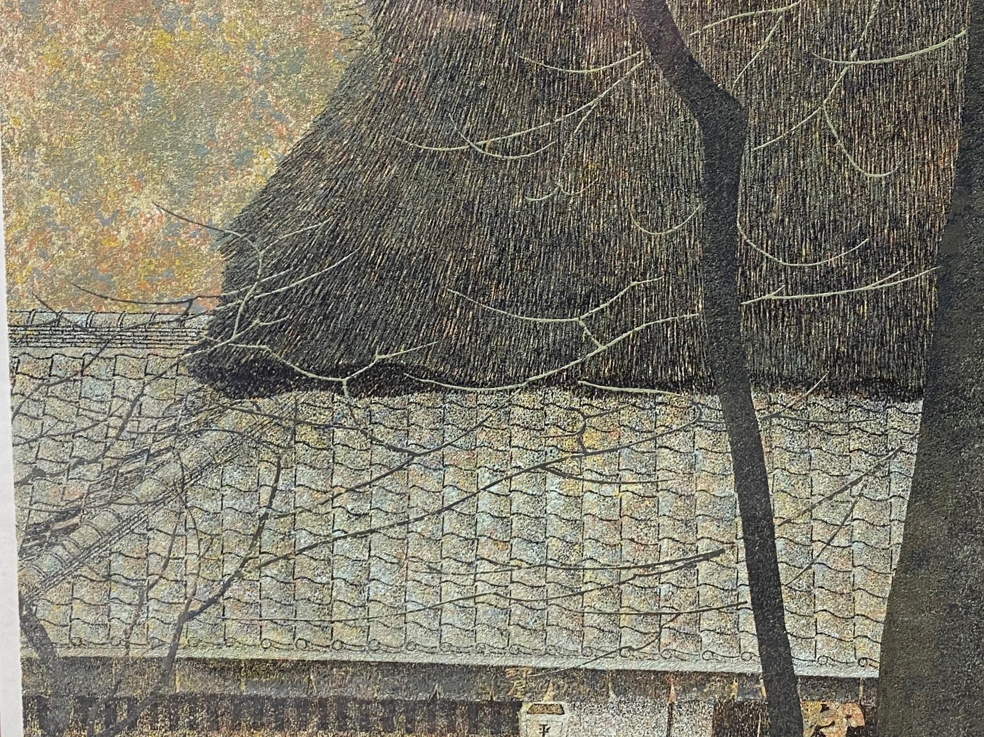 Wood Yukio Katsuda Signed Limited Ed. Japanese Serigraph Print No. 152 Thatched Roof For Sale