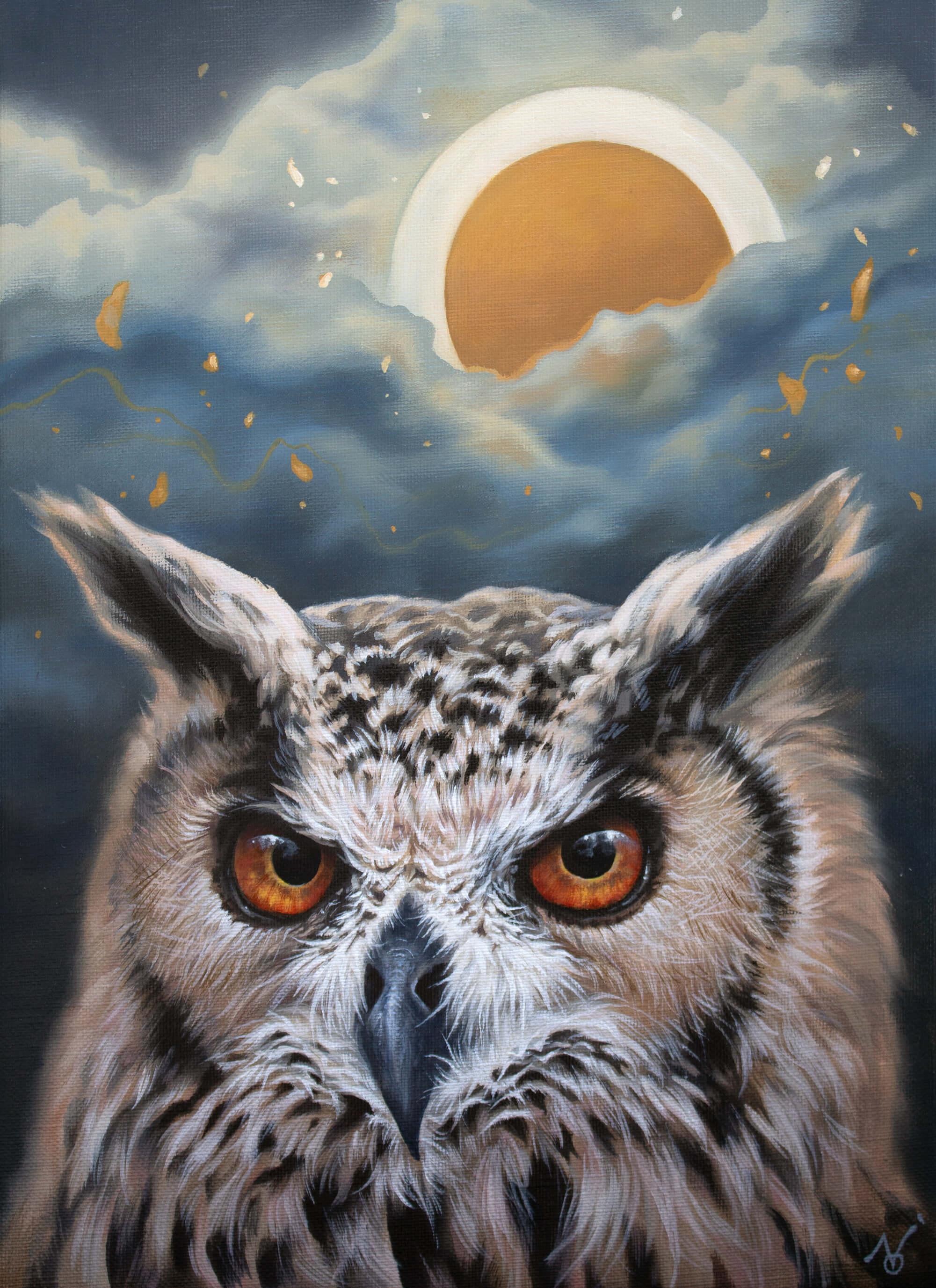 "The Omen of Nature" (2022) By Yuko Montgomery, Original Oil Painting of Owl