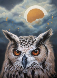 "Il presagio della natura" (2022) di Yuko Montgomery, dipinto a olio originale di gufo