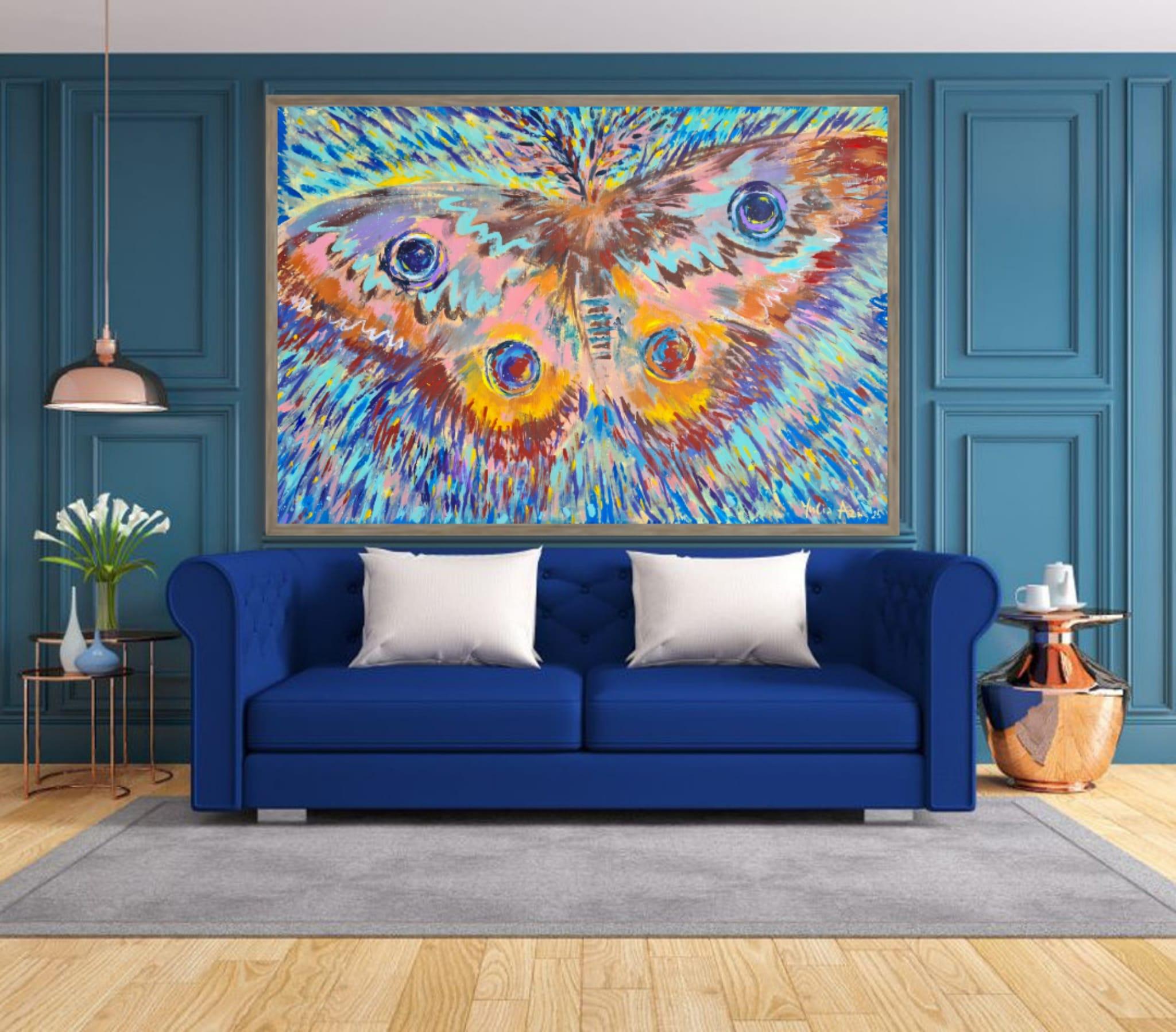 Schmetterling berühren (Blau), Animal Painting, von Yulia Azi