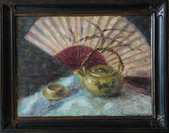 "A Teapot and Fan" by Yulia Kim; Framed 15.5" x 19.5", Oil on Linen Panel, 2025