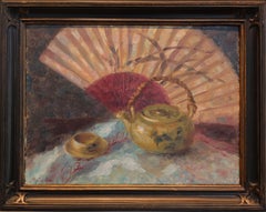 "A Teapot and Fan" by Yulia Kim; Framed 15.5" x 19.5", Oil on Linen Panel, 2025