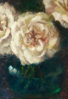 'White Roses' by Yulia Kim; Framed Oil on Canvas, 19.5" x 15.5" x 1", 2025