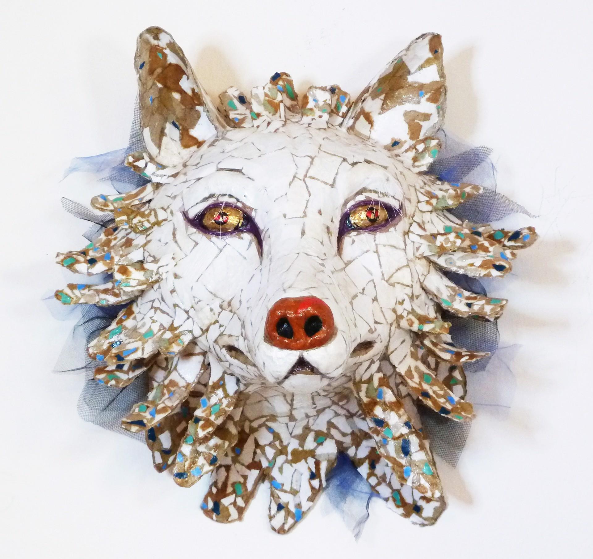 Archie  - Incredible Artic Wolf Wall Sculpture Up-cycled in White & Blue) - Contemporary Mixed Media Art by Yulia Shtern