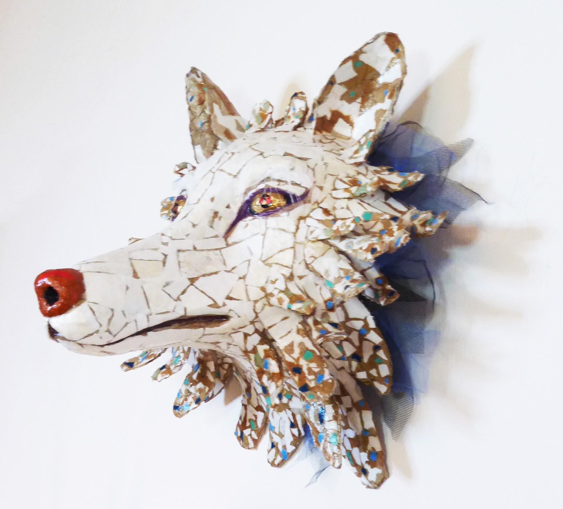 Archie  - Incredible Artic Wolf Wall Sculpture Up-cycled in White & Blue) - Mixed Media Art by Yulia Shtern