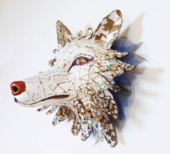 Archie  - Incredible Artic Wolf Wall Sculpture Up-cycled in White & Blue)