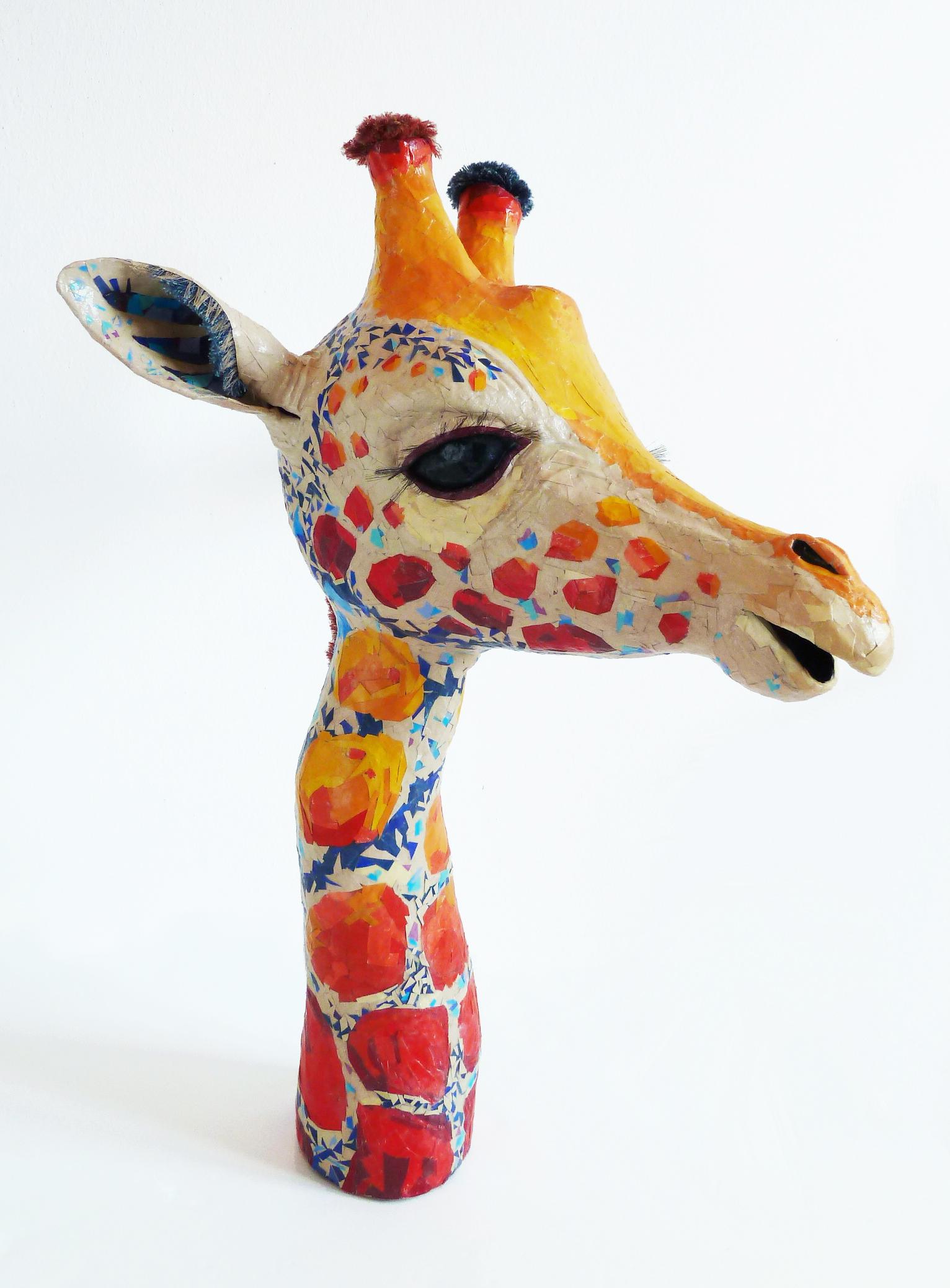 Cassandra - Contemporary Up-cycled Animal of Giraffe Sculpture in Yellow + Orang - Mixed Media Art by Yulia Shtern