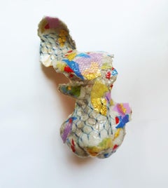 Clouded Leopard - Contemporary Sculpture Using Up-cycled Materials (Yellow+Blue)