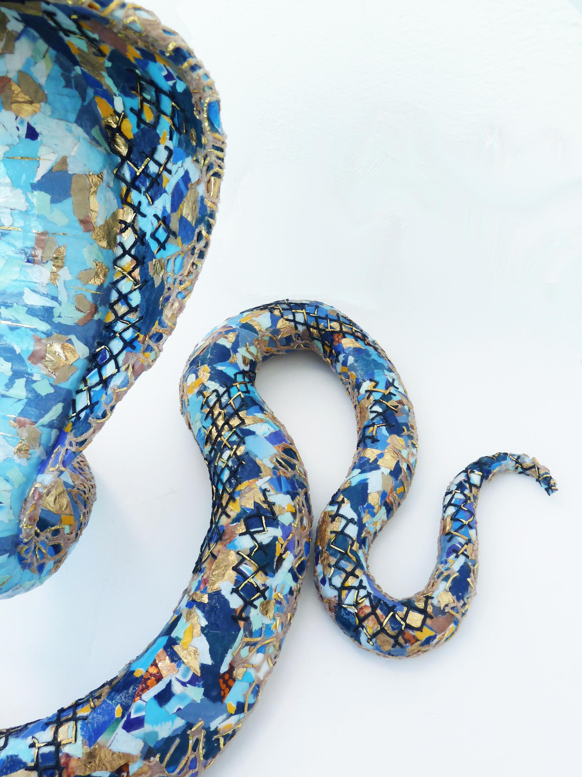 Kara the Cobra - Contemporary Snake Sculpture Upcylced Materials  (Blue + Gold) For Sale 5