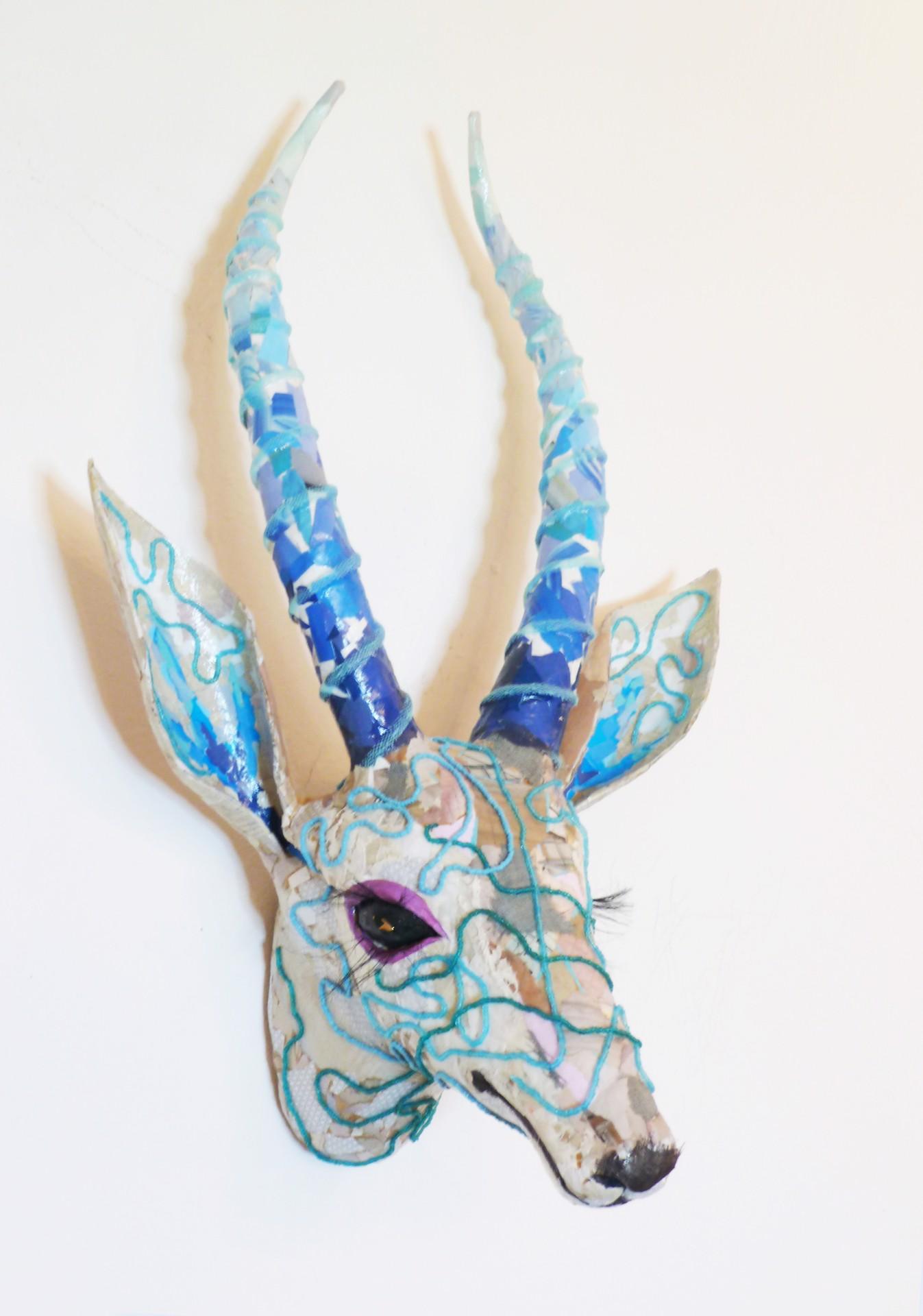 Lula - Incredible Gazelle Wall Sculpture from Up-Cycled Materials (Blue + White) - Gray Figurative Sculpture by Yulia Shtern