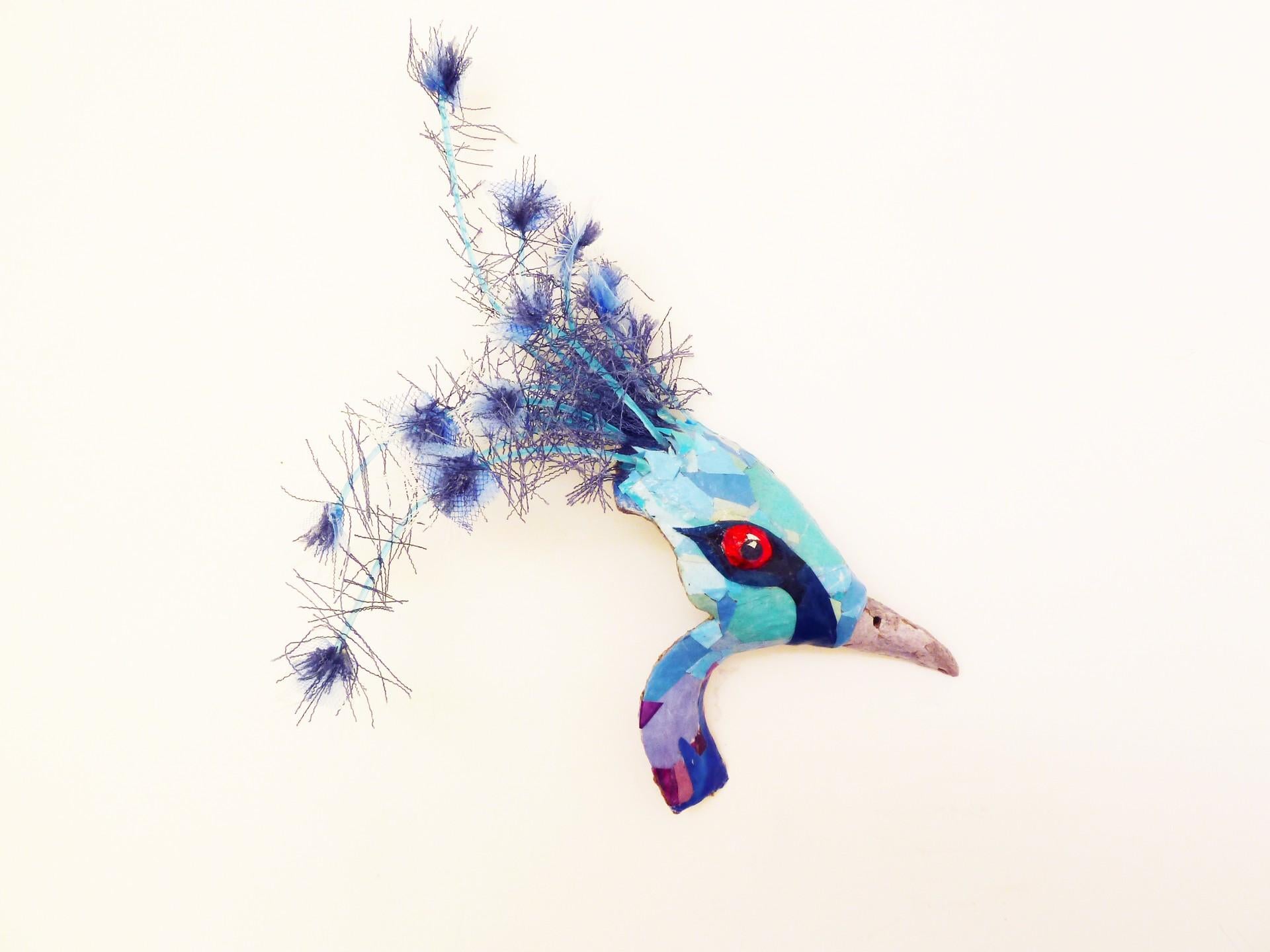 Yulia Shtern Figurative Sculpture - Victoria Crowned Pigeon - Contemporary Reclaimed Wall Hanging Sculpture (Blue)