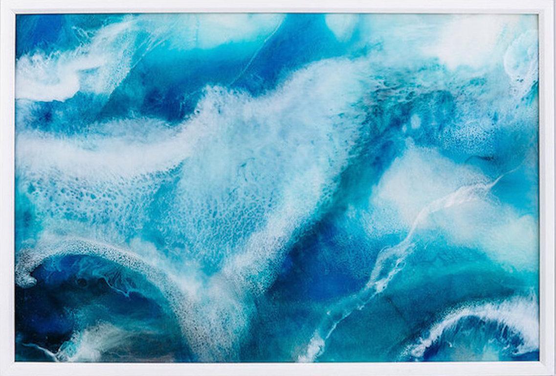 Blue Untitled, Blue and White Epoxy Interior Abstract Painting Depicting Waves - Mixed Media Art by Yulia YUVO Volosenok