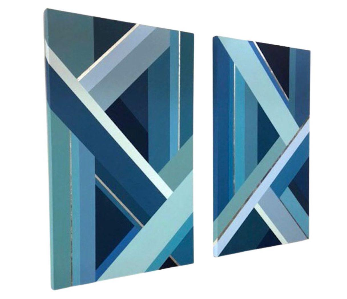 Diptych 'Blue pattern 1 and Blue pattern 2' - Geometric Abstract Painting - Mixed Media Art by Yulia YUVO Volosenok