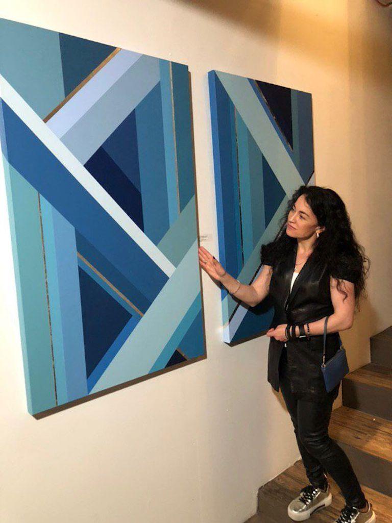 Diptych 'Blue pattern 1 and Blue pattern 2' - Geometric Abstract Painting - Abstract Geometric Mixed Media Art by Yulia YUVO Volosenok
