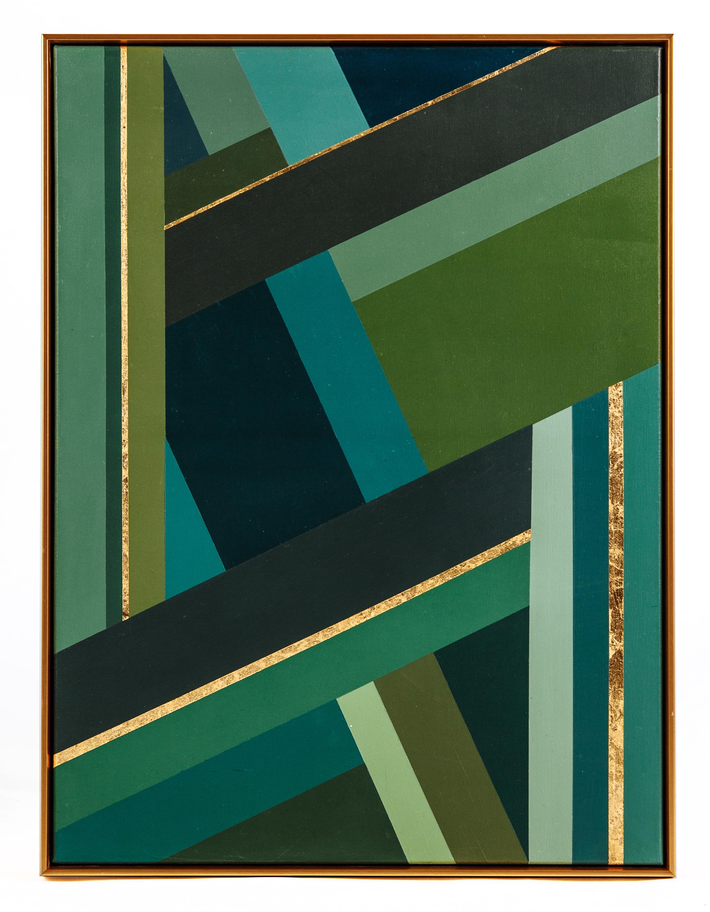Yulia YUVO Volosenok Interior Painting - Green geometry 1 - Interior Green and Gold Abstract Geometric Painting