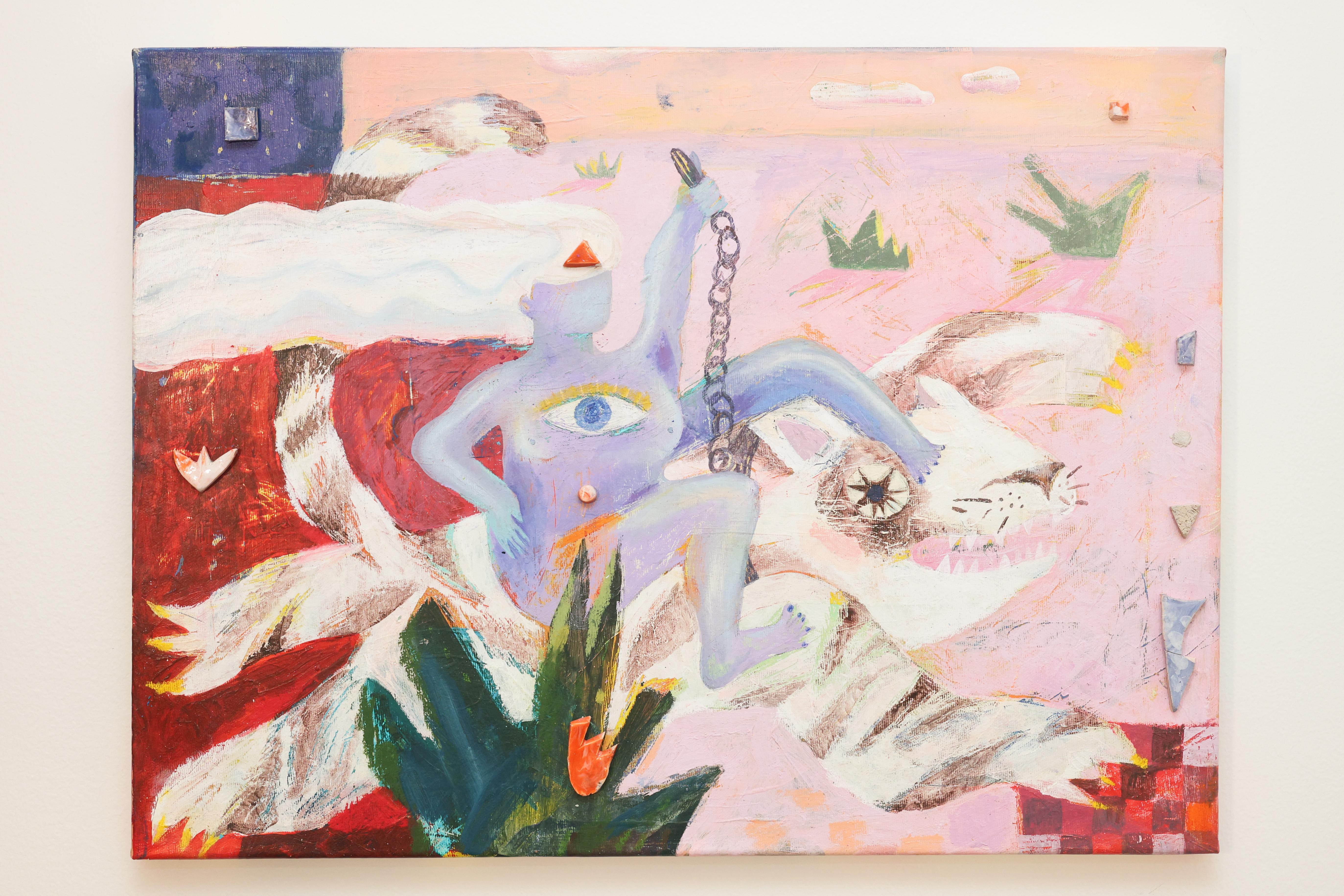 In Game Creator, Yulianna Verba presents a symbolic and emotionally rich narrative exploring self-awareness, feminine power, and spiritual awakening. This striking mixed media work—combining acrylic, oil pastel, and ceramics—depicts the moment the