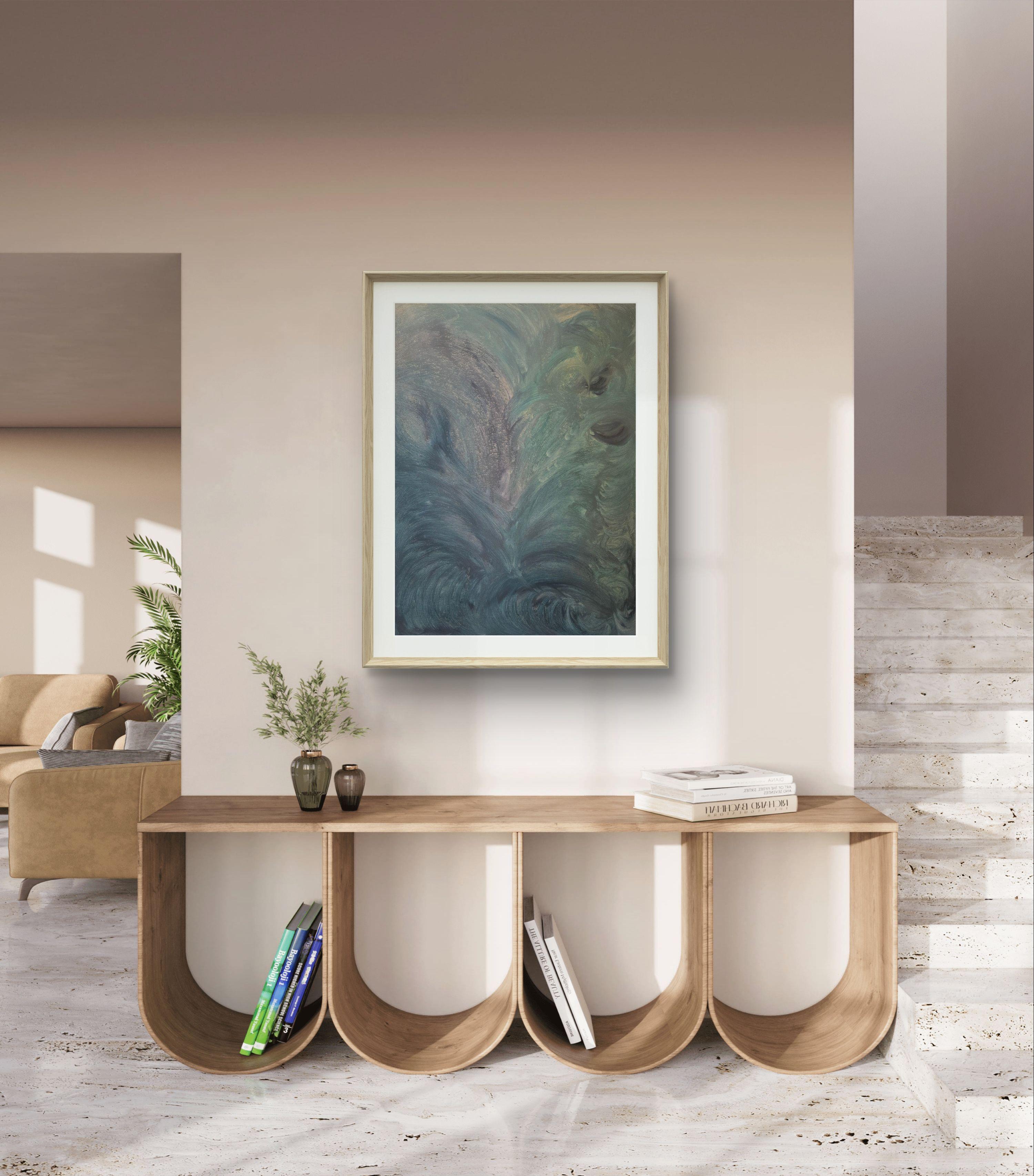 Deep Ocean, 2023
Oil, mixed media on paper (oil, milk paint)
45.5 × 60 cm (56 × 71 cm mounted)

In Deep Ocean, Yuliia Holovatiuk-Ungureanu delves into the emotional and spiritual depths of the human soul through her exploration of natural and