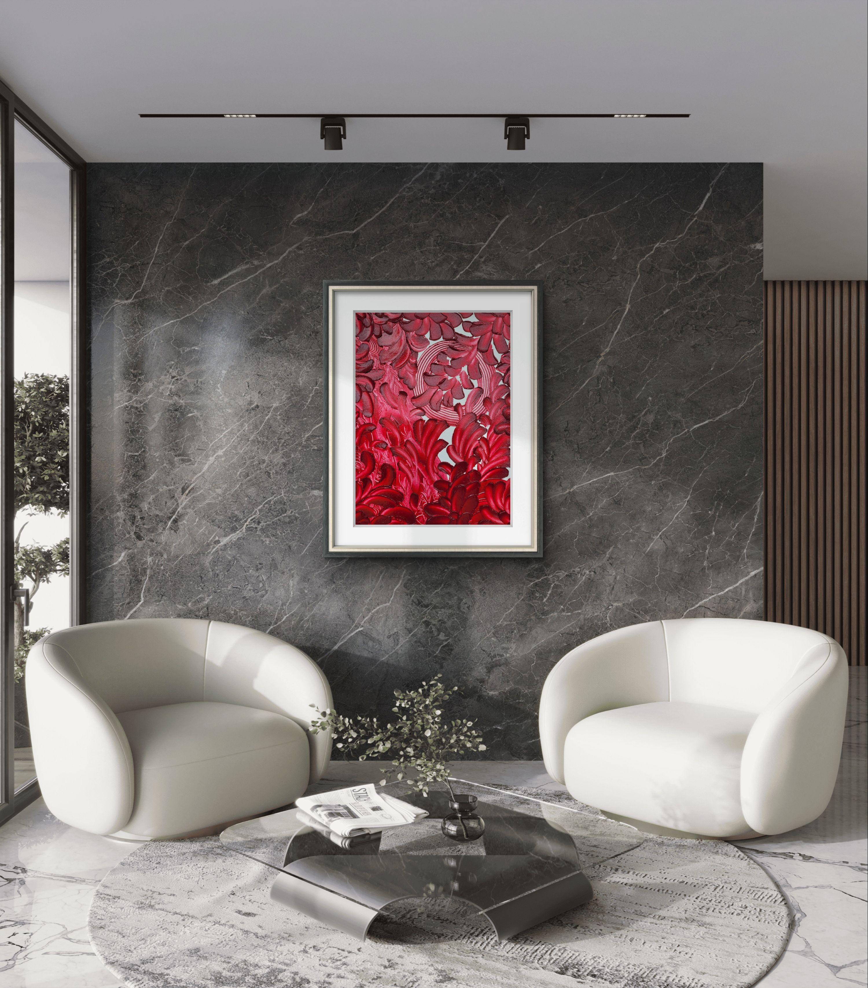 In questo dipinto, Through the Core, Yuliia Holovatiuk-Ungureanu continua la sua esplorazione della trasformazione attraverso la materia e la percezione, utilizzando la sua tecnica caratteristica che combina cera fredda, olio di lino e pigmenti non