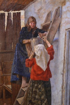 Bella scena di fattoria del maestro russo Bershadsky, pittura a olio di genere