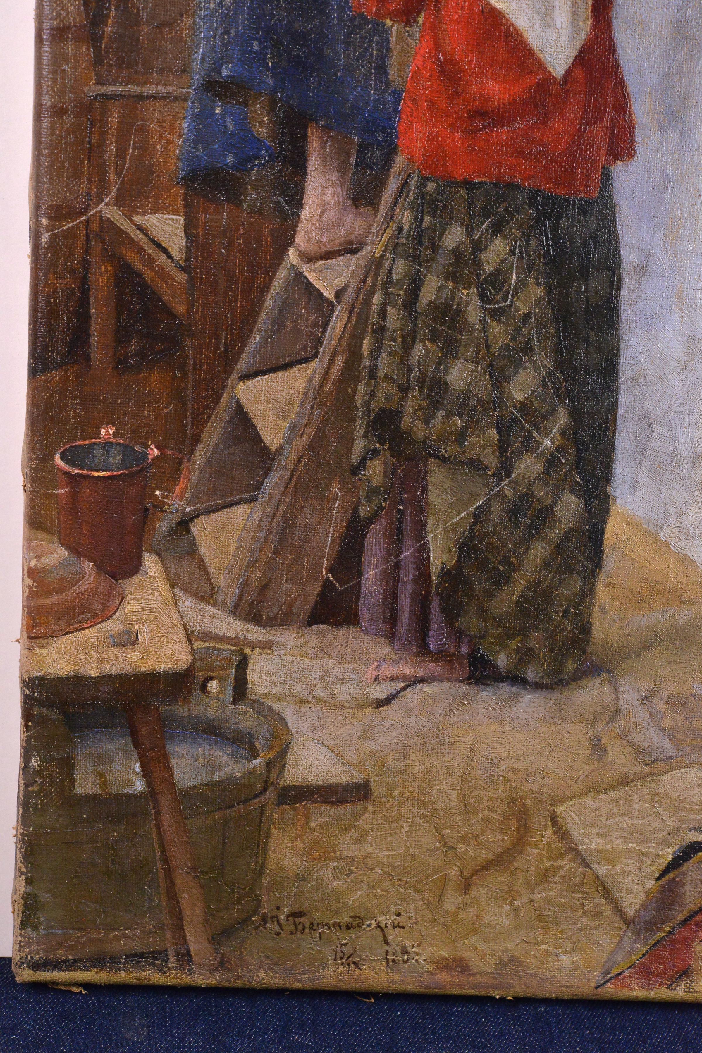 Encantadora escena de granja del maestro ruso Bershadsky Pintura al óleo de género - Painting Realista de Yuliy Rafailovich Bershadsky