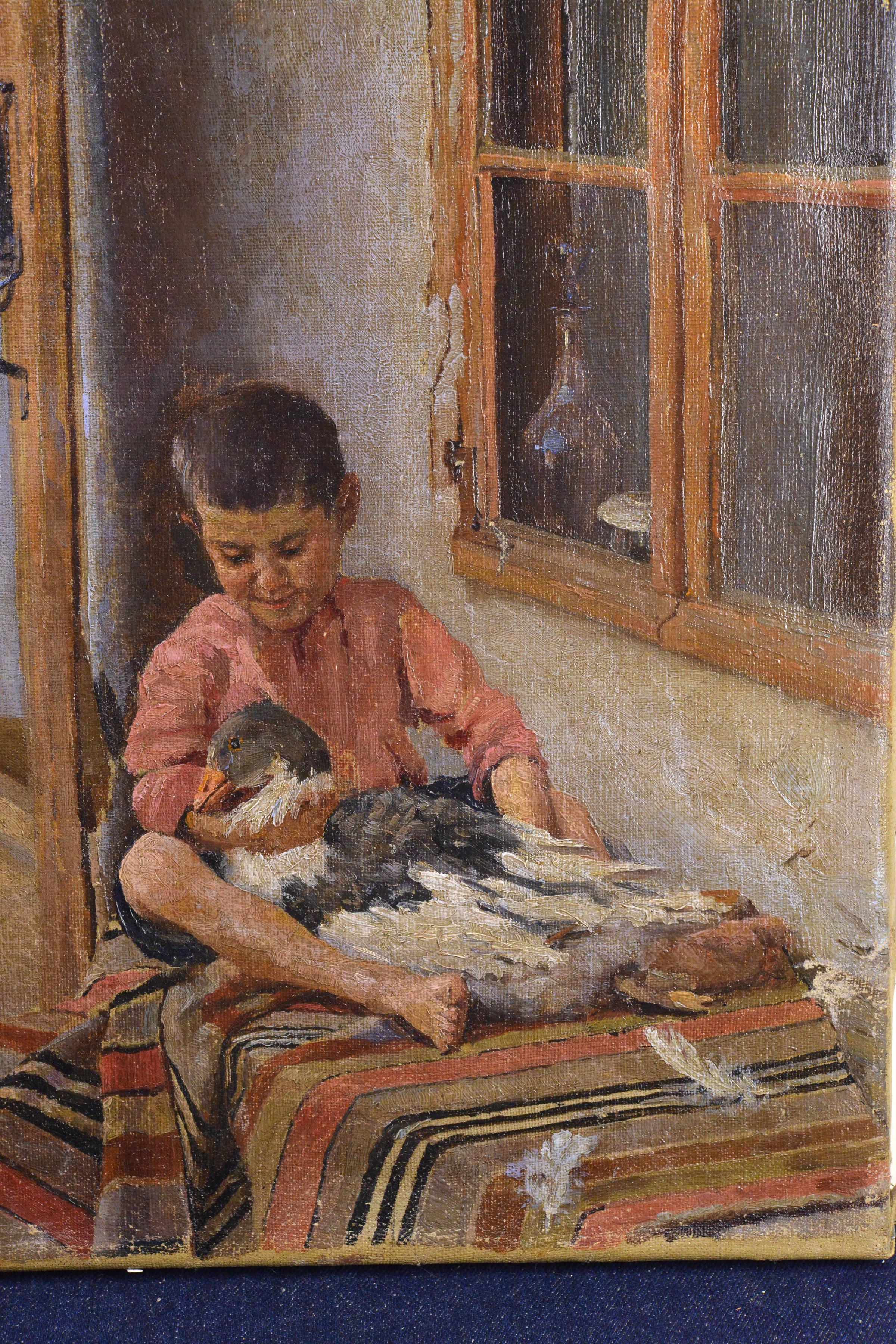 Encantadora escena de granja del maestro ruso Bershadsky Pintura al óleo de género - Interior Painting Marrón de Yuliy Rafailovich Bershadsky