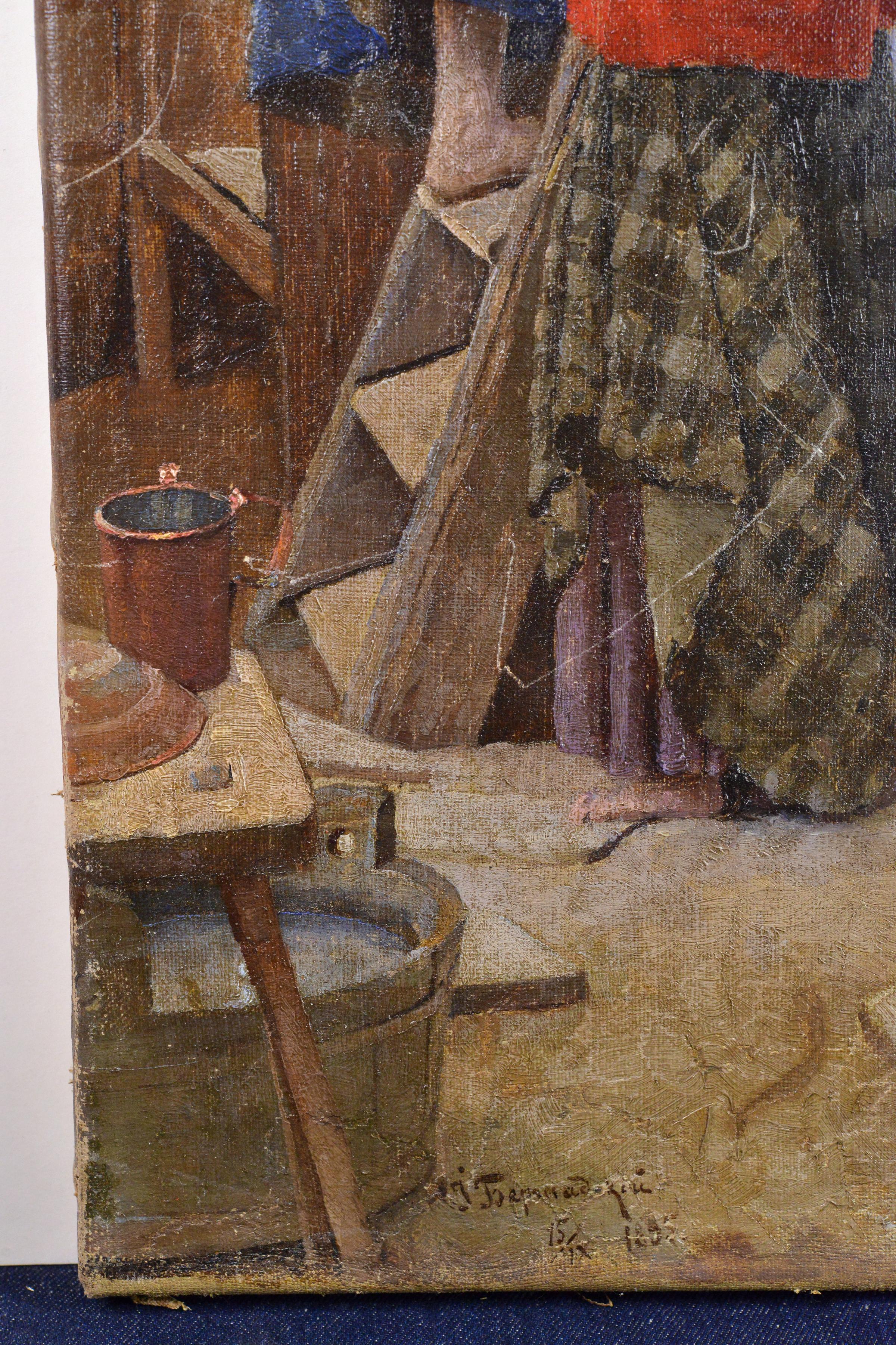 Encantadora escena de granja del maestro ruso Bershadsky Pintura al óleo de género en venta 1