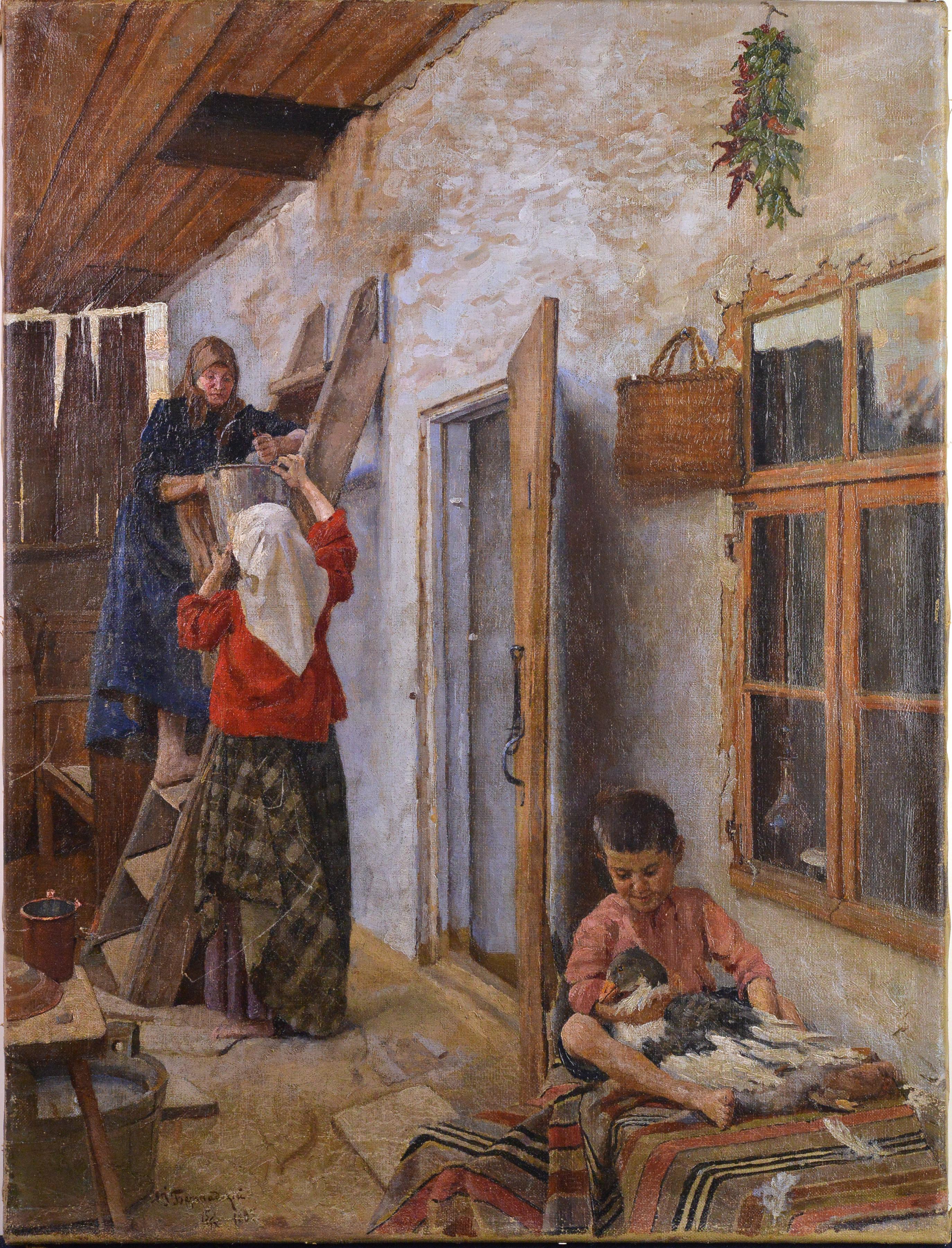 Lovely Farm House Scene by Russian Master Bershadsky Genre Oil Painting